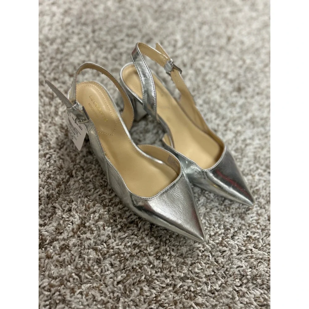 Liz Claiborne Womens Silver Metallic Slingback Block Heel Pointed Toe Pumps 6M